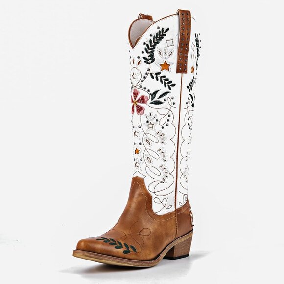 ⚡Women’s Brown Floral Embroidered Western Boots Knee High Studded Side Zipper - Picture 6 of 6